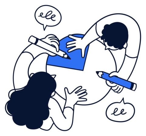 Three people collaboratively rewriting a pie chart with the word 'elle' in speech bubbles, symbolizing inclusive language practices.